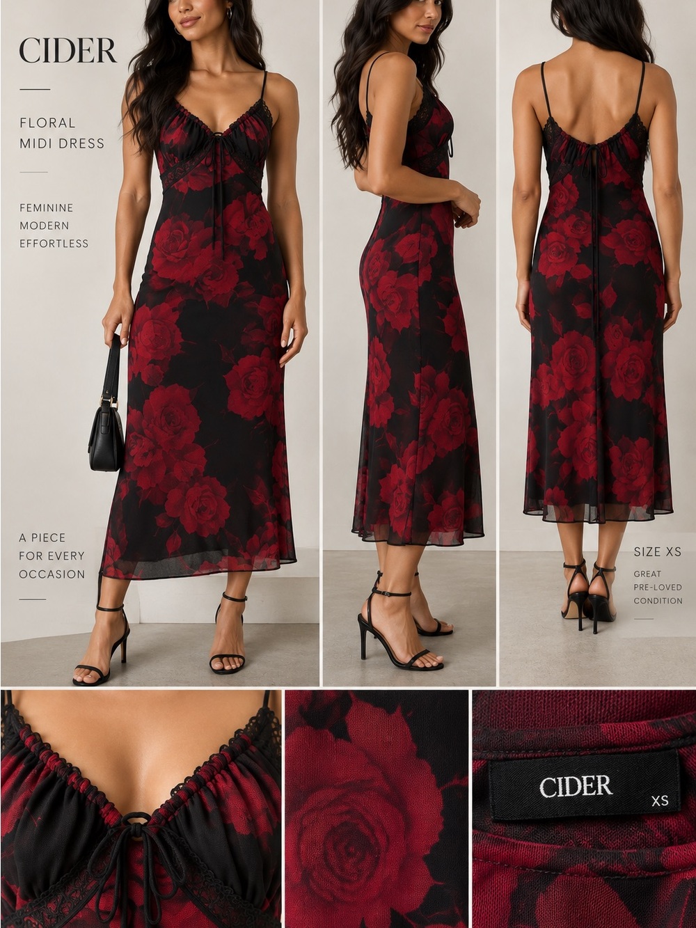 Vibe Sportswear Red Rose Mesh Midi Dress Size small | Y2K Grunge Floral